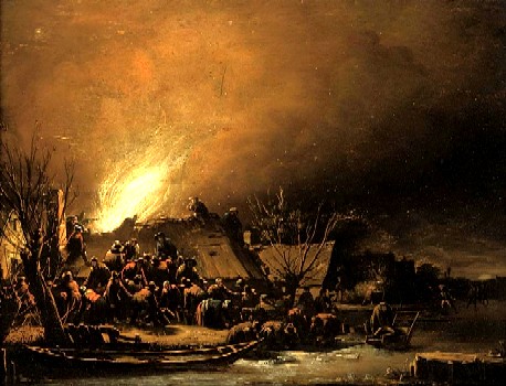 Fire in a Village at Night